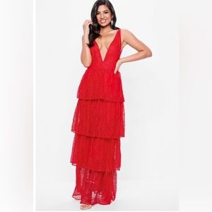 NWT Red Lace Tiered Frill Maxi Formal Dress